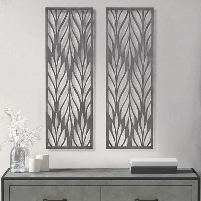 Madison Park Florian Wall Art - Carved Wooden Botanical Leaves Framed, Natural Sheen Finish - Modern Décor for Living Room, Ready to Hang Bedroom Decoration, 12"W x 36"H x 1"D, Reclaimed Grey 2 Piece