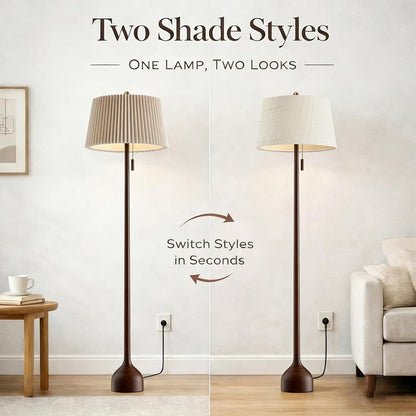 MOFFE Mid Century Modern Real Wood Floor Lamp with 2 Shades for Two Looks