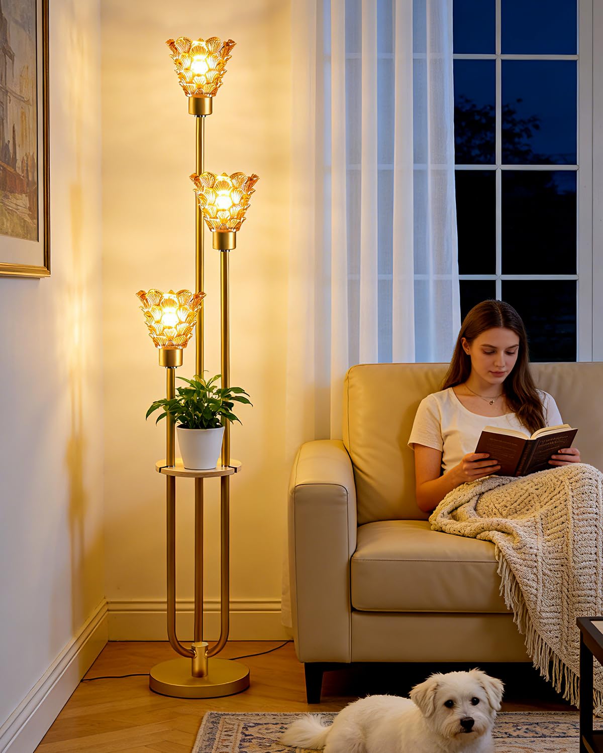 63IN Globe Floor Lamp with Table, 3-Lights Modern Dimmable Floor Lamps with 3000K Warm White Bulbs for Wedding/Party, Black Tall Standing Lamp with 5Lbs Heavy Base for Living Room/Bedroom