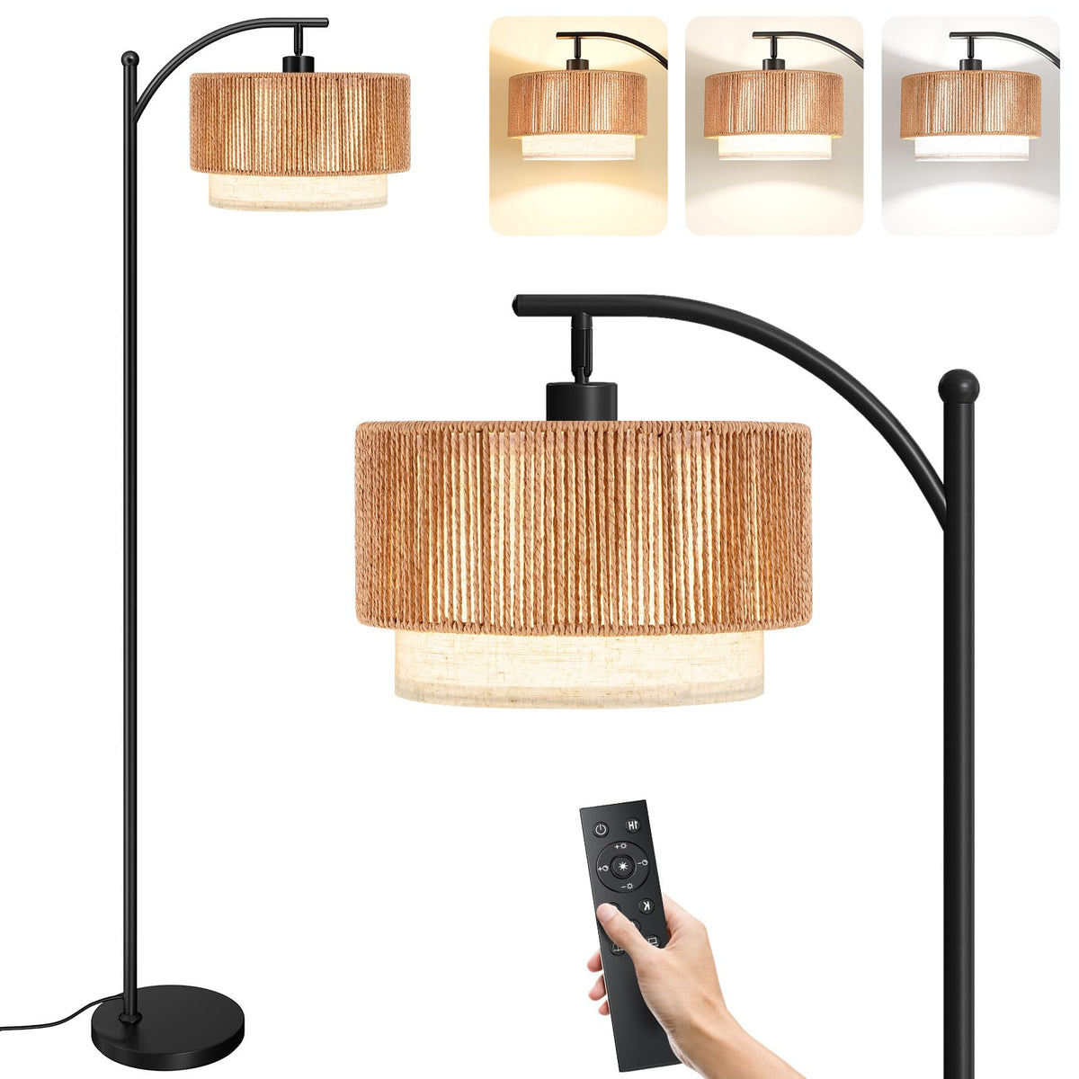 SUNMORY Arc Floor Lamps for Living Room, Rattan Standing lamp with 12W Bulb