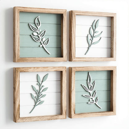 3D Tree Leaf Wooden Framed Boho Wall Art (Set of 4)