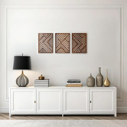 qmmp Modern Wooden Wall Sculptures - Set of 3 - Home Decor Accent - Large Wall Art for Living Room, Bedroom, Office - Easy Installation (Oak, Medium - Mountain and Sun)