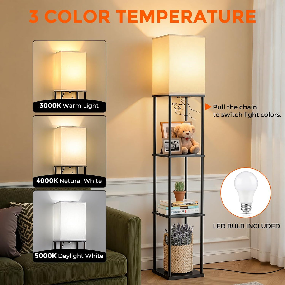 Floor Lamp with Shelves, 3-Tier Modern Square Bookshelf Standing Lamp Black