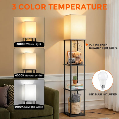 Floor Lamp with Shelves, 3-Tier Modern Square Bookshelf Standing Lamp Black