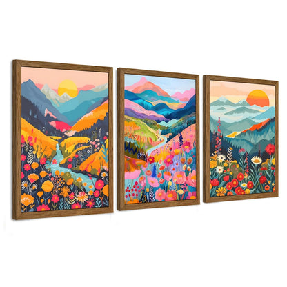 3 Piece Wildflower Mountain Wall Art Colorful Landscape Canvas Art 12x16in