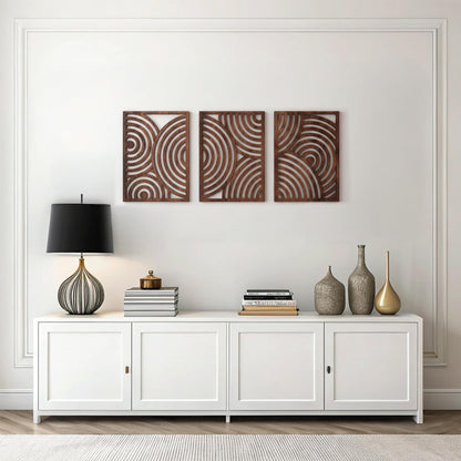 qmmp Modern Wooden Wall Sculptures - Set of 3 - Home Decor Accent - Large Wall Art for Living Room, Bedroom, Office - Easy Installation (Oak, Medium - Mountain and Sun)