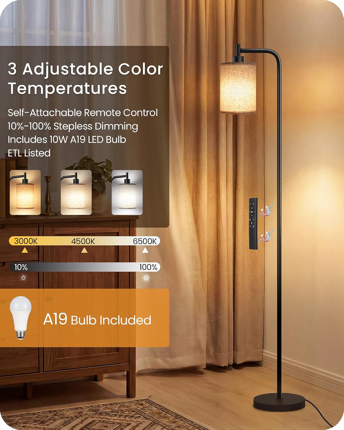 Dimmable Floor Lamp for Living Room with Remote & 10W Bulb