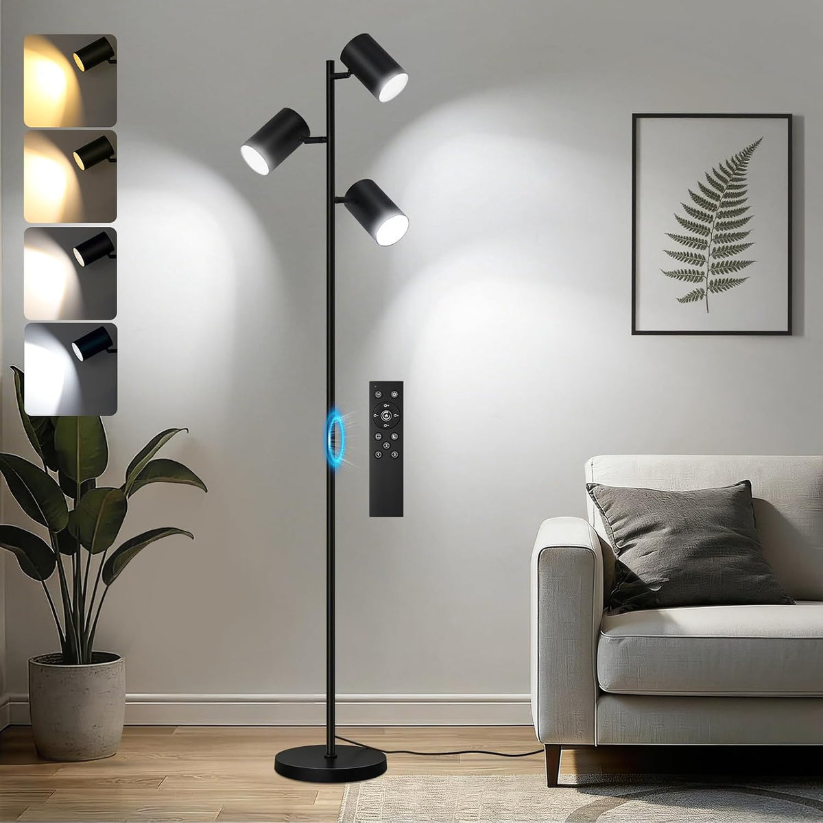 4000LM LED Tree Floor Lamp, 36W Super Bright Reading Lamp with Remote, Dimmable Tall Standing Light with 3 Rotatable Heads & 6 Color Temperatures, Modern Floor Lamps for Living Room Bedroom Office