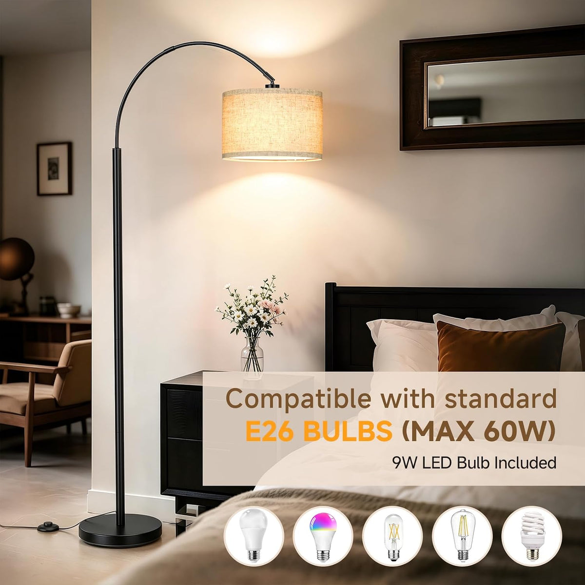 Arc Floor Lamps for Living Room, Black Standing Lamp with Linen Shade