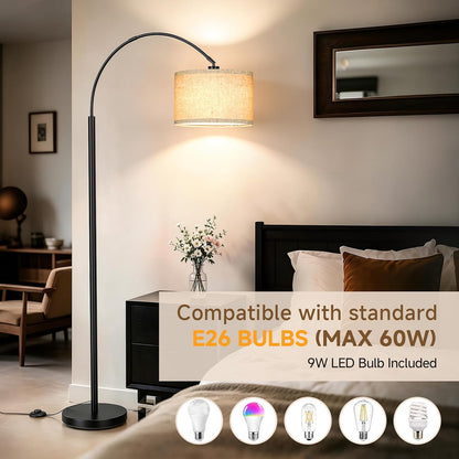 Arc Floor Lamps for Living Room, Black Standing Lamp with Linen Shade