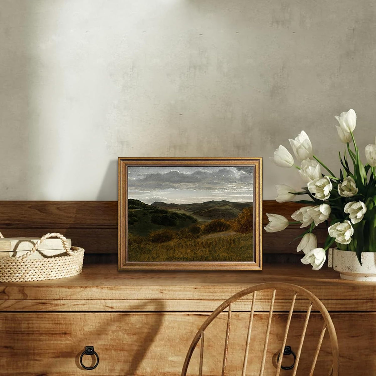 KBKBART Gold Framed Mountain Landscape Wall Art, Rustic Hills Canvas Print