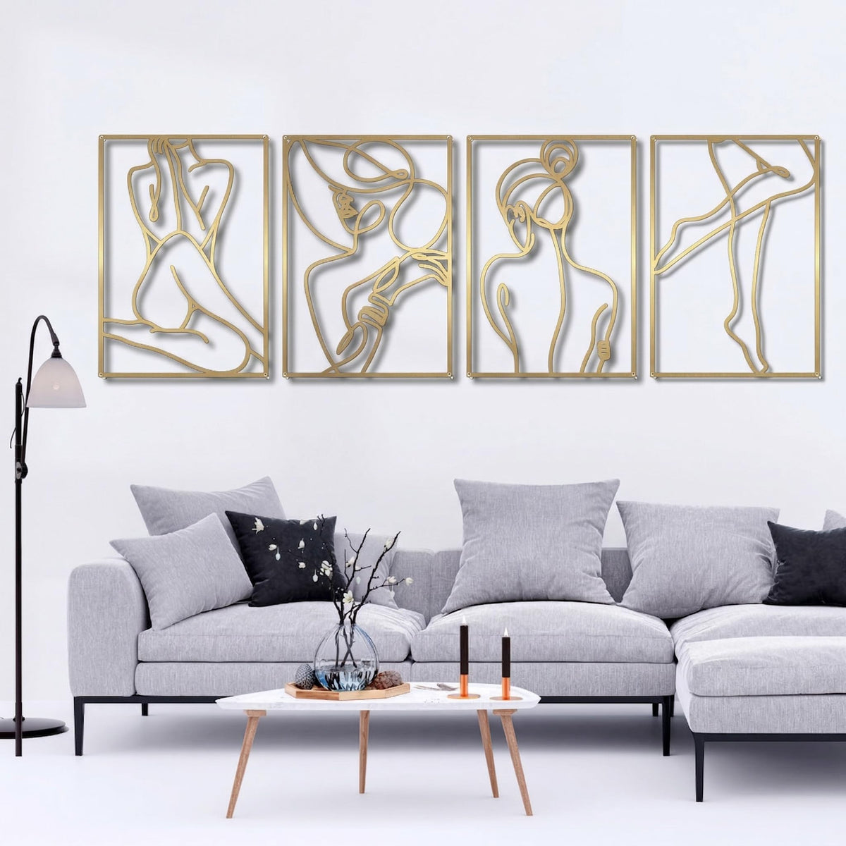 Glamativity 4 Pack Gold Wall Art Decor, Minimalist Single Line Real Metal Wall Art, Woman's Body Shape Abstract Wall Art (Gold Classic Style, 17 x 11.8'')