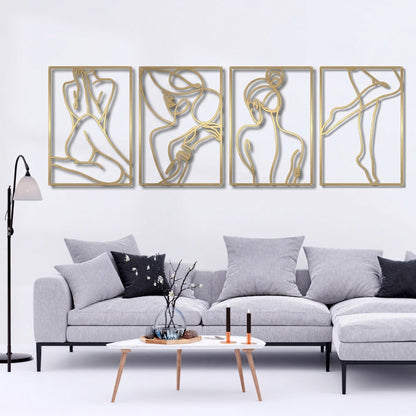 Glamativity 4 Pack Gold Wall Art Decor, Minimalist Single Line Real Metal Wall Art, Woman's Body Shape Abstract Wall Art (Gold Classic Style, 17 x 11.8'')