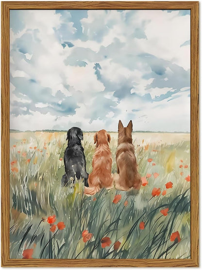 Framed Dog Canvas Wall Art, Cute Three Dogs in Flower Field Pictures Wall Decor, Rustic Farmhouse Animal Nature Paintings Prints Home Decor for Living Room Bedroom Bathroom 12x16 inch