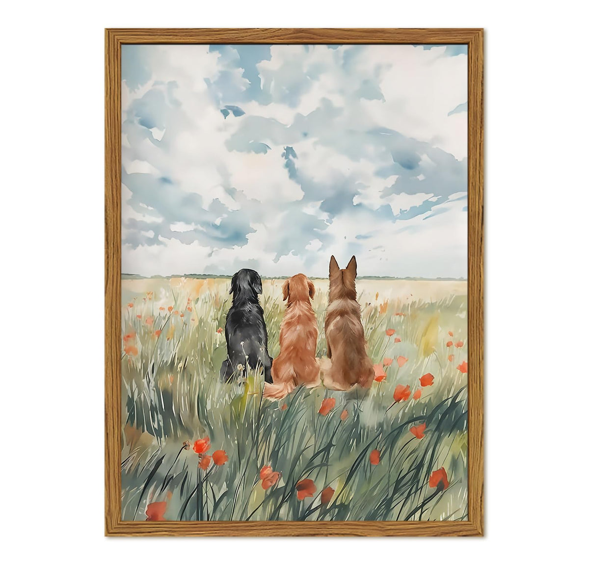 Framed Dog Canvas Wall Art, Cute Three Dogs in Flower Field Pictures Wall Decor, Rustic Farmhouse Animal Nature Paintings Prints Home Decor for Living Room Bedroom Bathroom 12x16 inch