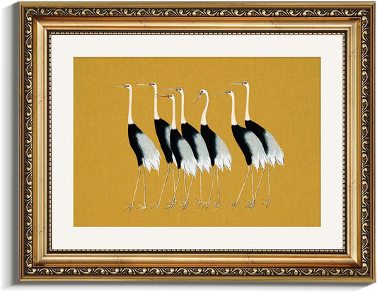VIYYIEA Gold Framed Wall Art Canvas Print Home Decor, Vintage Cranes Wall Art for Living Room, Vintage Animal Oil Painting Picture, Print Framed Home Decor, Bathroom Wall Decor Seven Cranes 11x14in