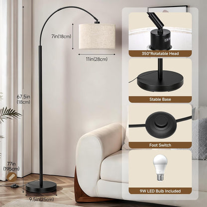 Arc Floor Lamps for Living Room, Black Standing Lamp with Linen Shade