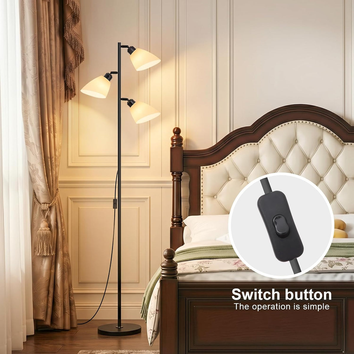 Black Modern Standing Lamp for Living Room,In‑line Push‑button Switch