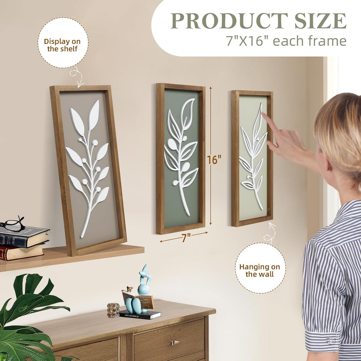 3D Tree Leaf Wooden Framed Boho Wall Art (Set of 4)