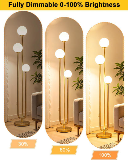 Lightdot 63IN Gold Floor Lamp Dimmable 3-Lights Globe LED Floor Lamps with 3000K Soft Warm White for Wedding/Party Tall Lamp with 5Lbs Heavy Base for Living Room/Bedroom/Sofa Beside/Corner Decor