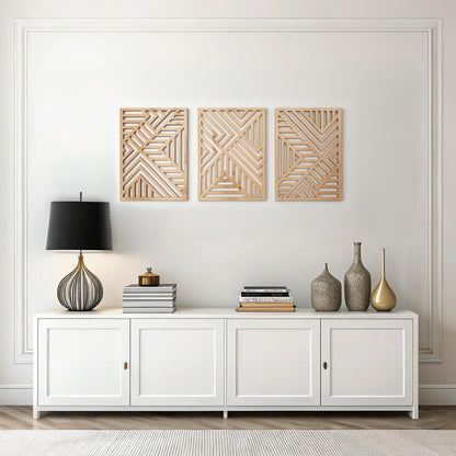 qmmp Modern Wooden Wall Sculptures - Set of 3 - Home Decor Accent - Large Wall Art for Living Room, Bedroom, Office - Easy Installation (Oak, Medium - Mountain and Sun)