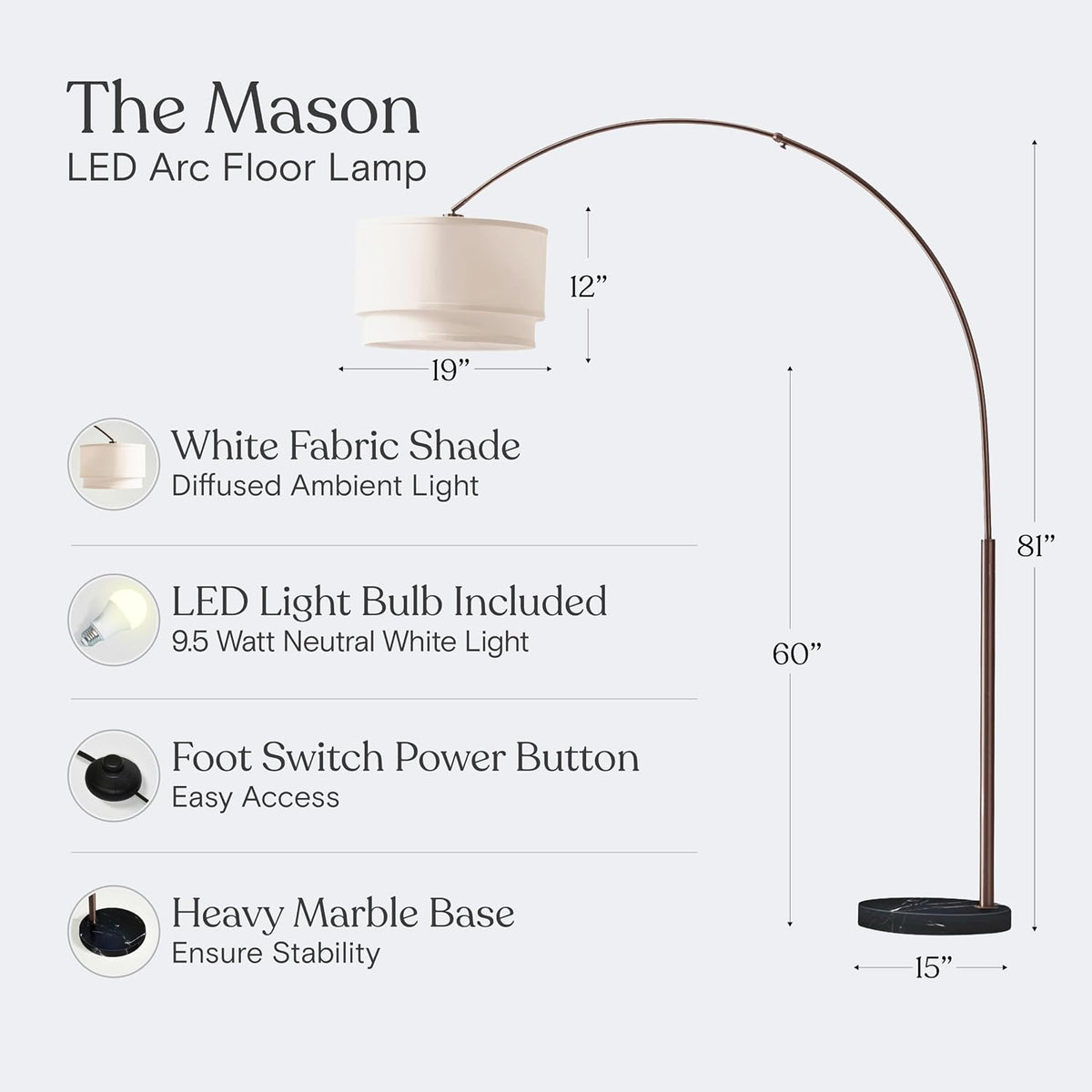 Brightech Mason Arc Floor Lamp - Modern Corner Standing Lamp with Unique Hanging Drum Lamp Shade for Living Room - Bright Overhead, Curved Hanging Light for Bedroom. Library, Den - Bronze