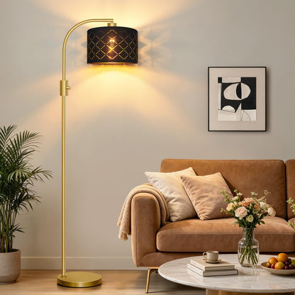 Nintiue Upgraded Modern Arc Dimmable Tall Standing Floor Lamp with Linen Shade, 1200 Lumens LED Bulb Included, for Living & Reading Room, Bedroom, Office & Nursery, Gold
