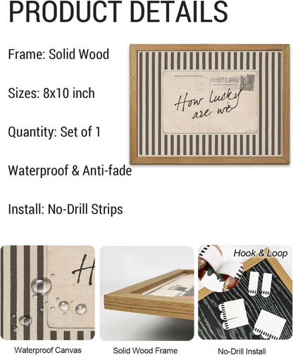 How Lucky Are We Wall Art, Wood Framed Postcard Poster with Positive Quote,Western, Old Money Brown Striped Decor, Cozy Rustic Sentimental Print for Bedroom Living Room, 8x10 Inch