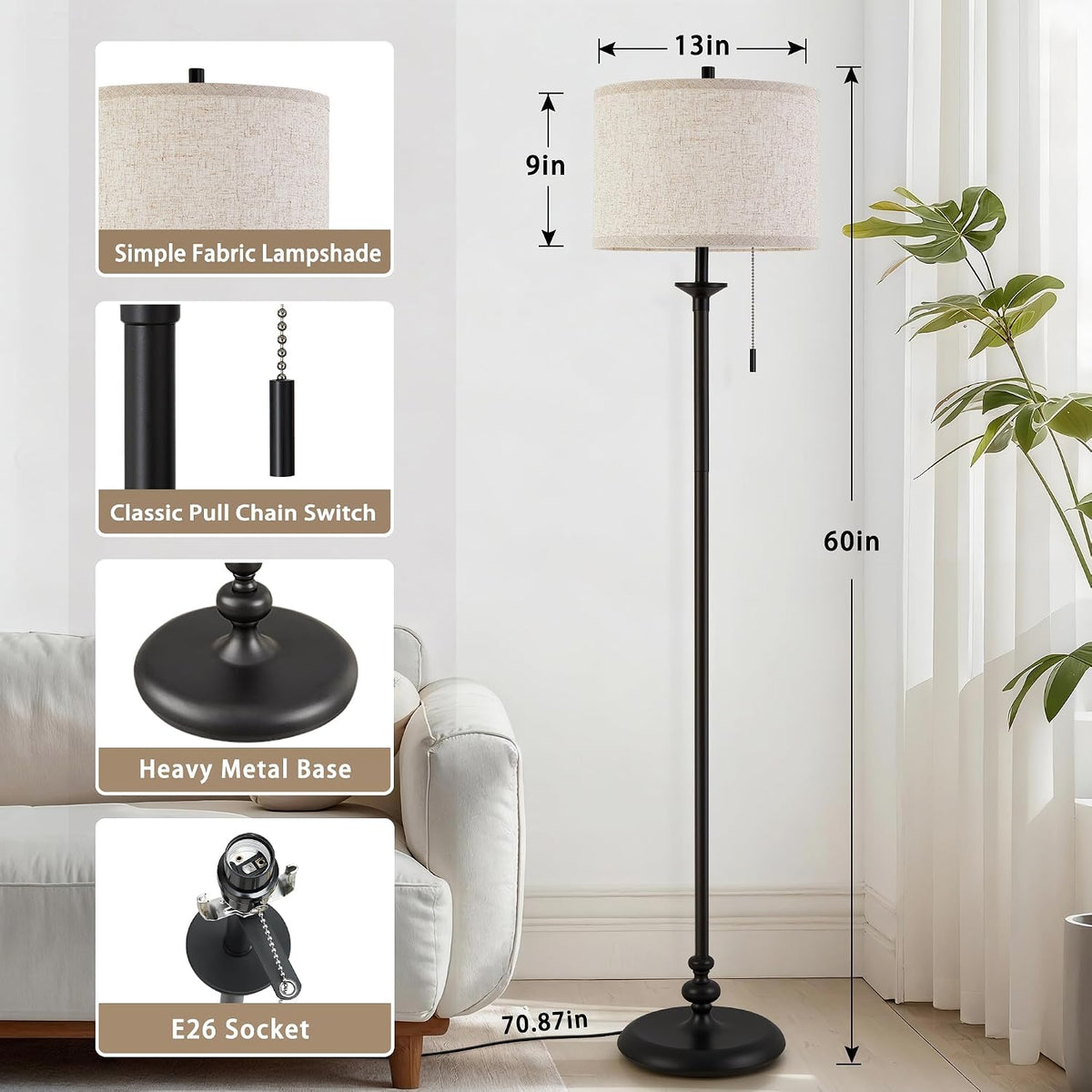 Luvkczc Black Floor Lamp, 60" Standing Lamp with Fabric Lampshade