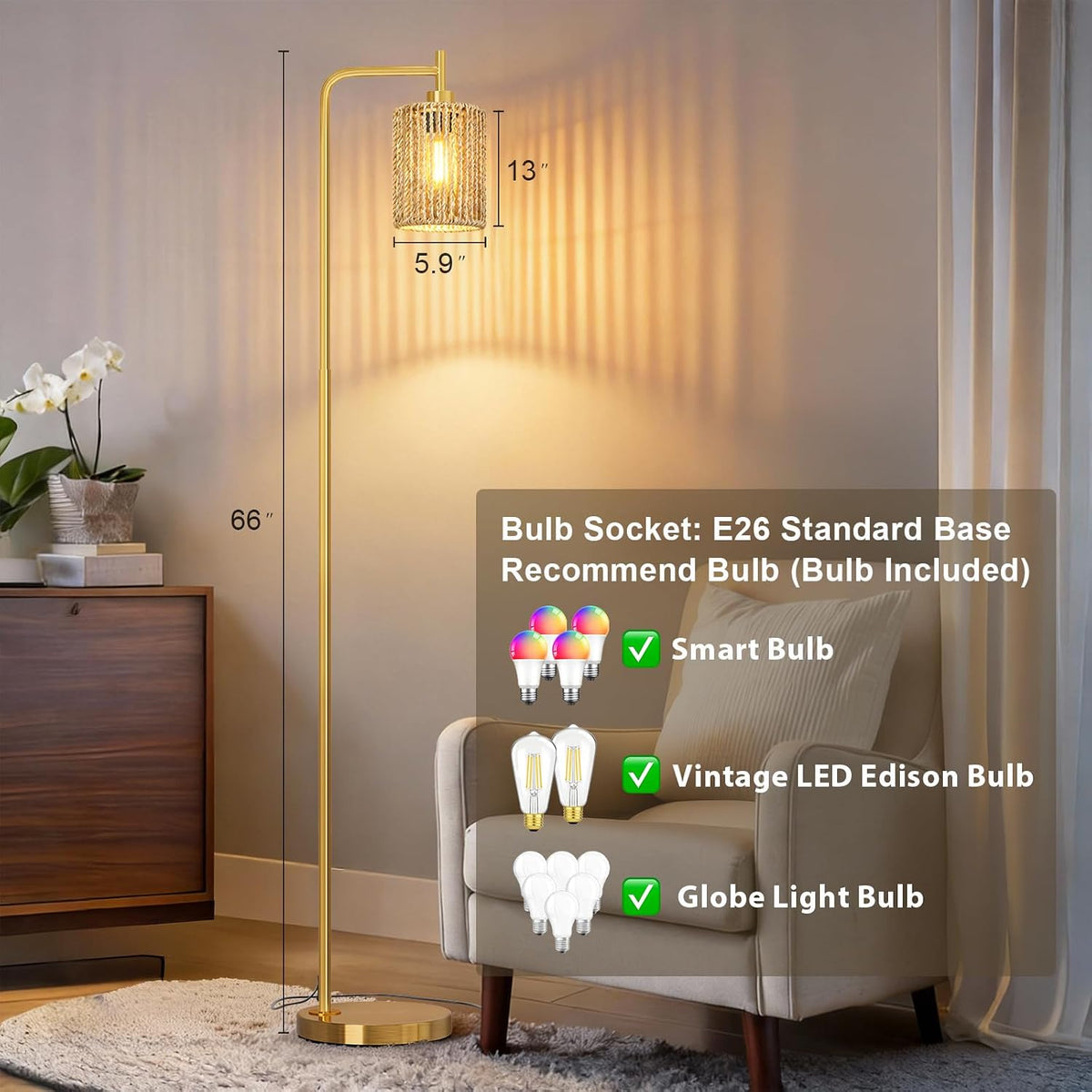 Oneach 66" Gold Floor Lamp for Living Room, Boho Floor Lamp with LED Bulb, Foot Switch, Rattan Shade, Industrial Tall Farmhouse Standing Lamp for Bedroom, Dining Room, Study Room, Office