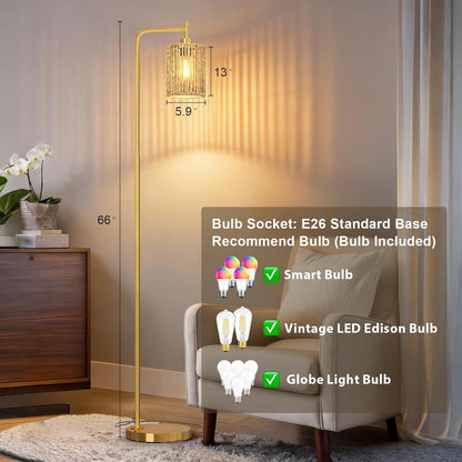 Oneach 66" Gold Floor Lamp for Living Room, Boho Floor Lamp with LED Bulb, Foot Switch, Rattan Shade, Industrial Tall Farmhouse Standing Lamp for Bedroom, Dining Room, Study Room, Office