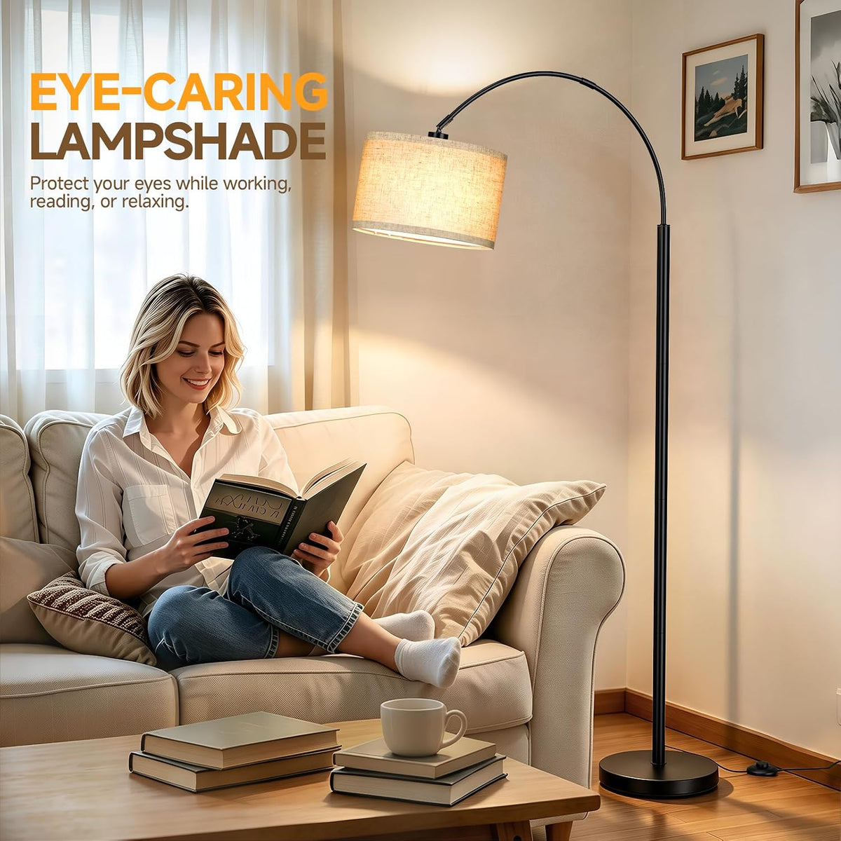 Arc Floor Lamps for Living Room, Black Standing Lamp with Linen Shade