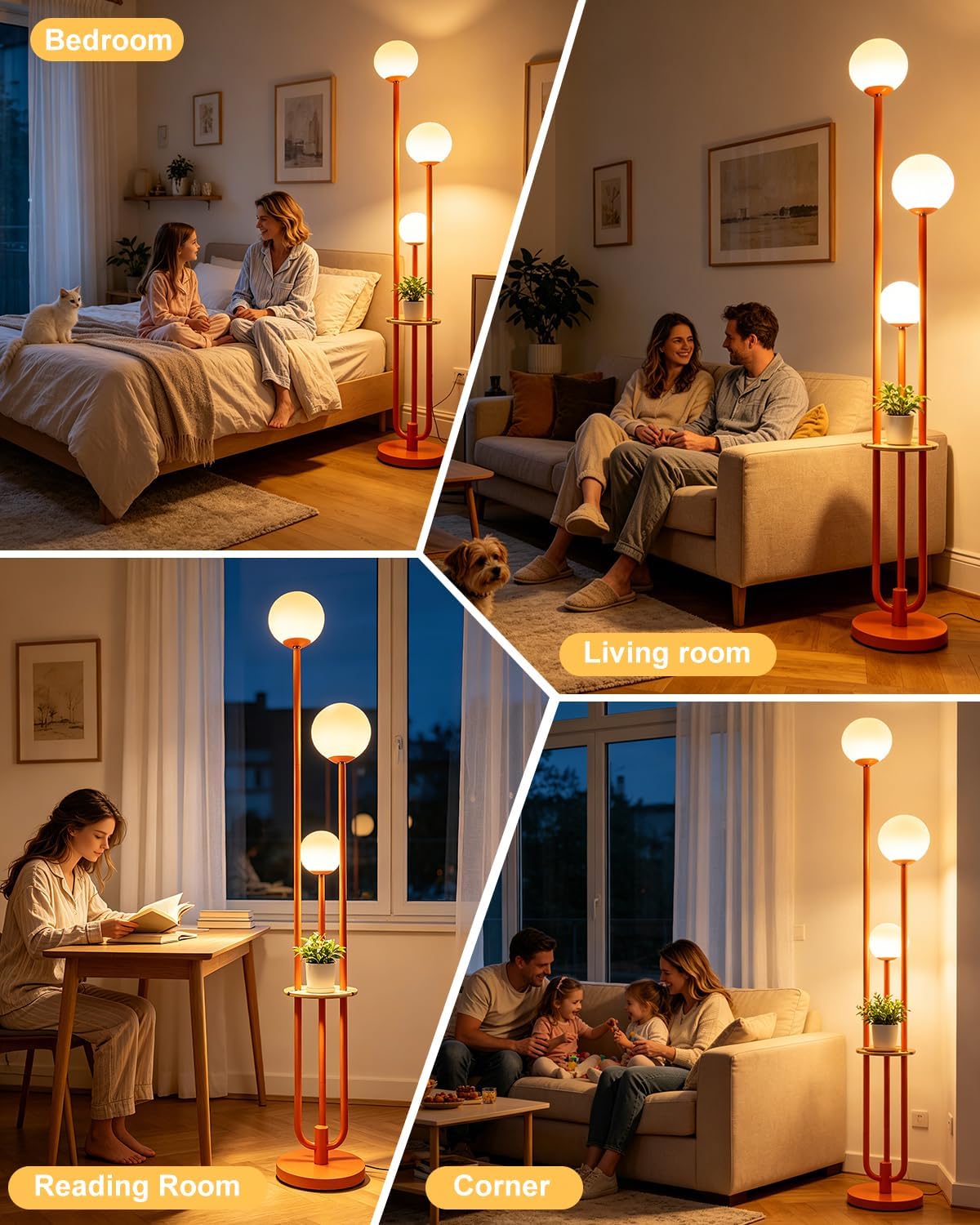 Lightdot 63IN Orange Floor Lamp with Shelf Mid Century Modern Tall Standing Lamps with 3000K Warm White Bulb Included Dimmable Globe Floor Lamp with 5Lbs Heavy Base for Living Room/Party/Corner Decor