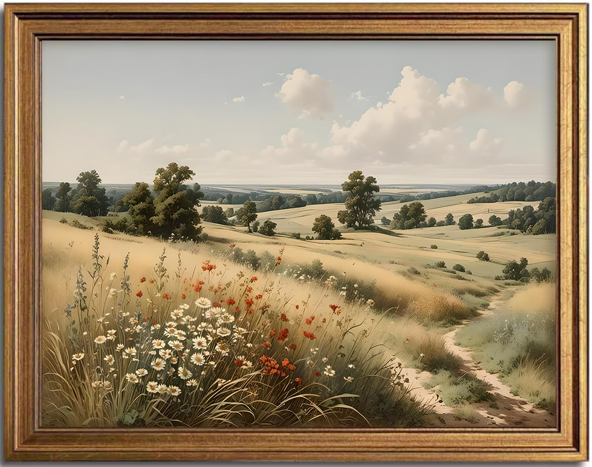 KBKBART Gold Framed Mountain Landscape Wall Art, Rustic Hills Canvas Print