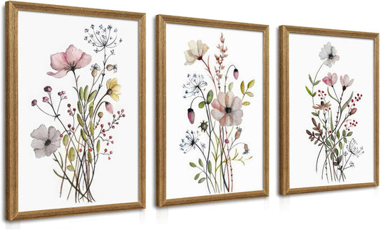 WRFON Framed Botanical Canvas Wall Art Set of 3, Watercolor Floral Prints, Framed Flower Wall Decor for Bedroom Bathroom Living Room, 12x16 Inch Each