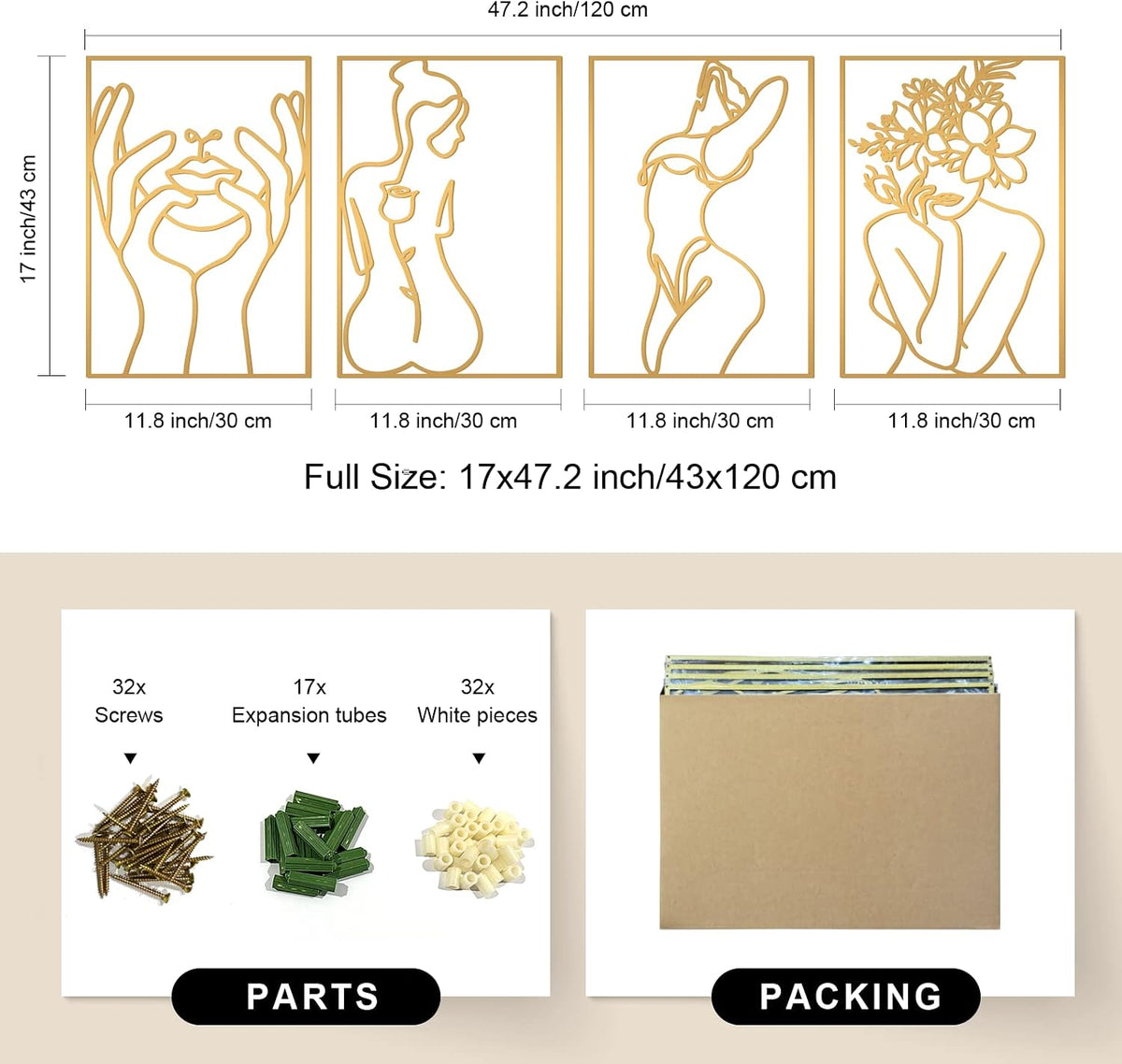 Glamativity 4 Pack Gold Wall Art Decor, Minimalist Single Line Real Metal Wall Art, Woman's Body Shape Abstract Wall Art (Gold Classic Style, 17 x 11.8'')