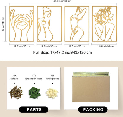 Glamativity 4 Pack Gold Wall Art Decor, Minimalist Single Line Real Metal Wall Art, Woman's Body Shape Abstract Wall Art (Gold Classic Style, 17 x 11.8'')