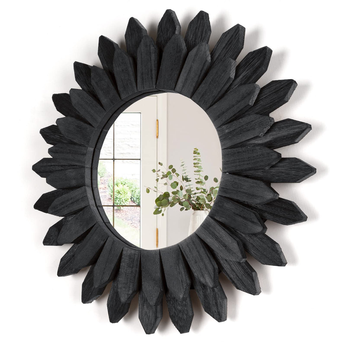 Honiway Wall Mirror Decorative 12 inch Rustic Wood Mirror Sunburst Boho Mirror for Entryway Bedroom Living Room Bathroom House Warming Gifts New Home Essential Carbonized Black