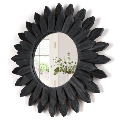 Honiway Wall Mirror Decorative 12 inch Rustic Wood Mirror Sunburst Boho Mirror for Entryway Bedroom Living Room Bathroom House Warming Gifts New Home Essential Carbonized Black