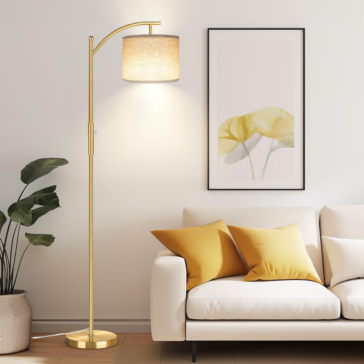 ROTTOGOON Dimmable Floor Lamp, Arc Floor Lamps for Living Room, Stepless Dimming Modern Standing Lamp with Linen Shade, Tall Lamp for Bedroom Office Dining Room- Black