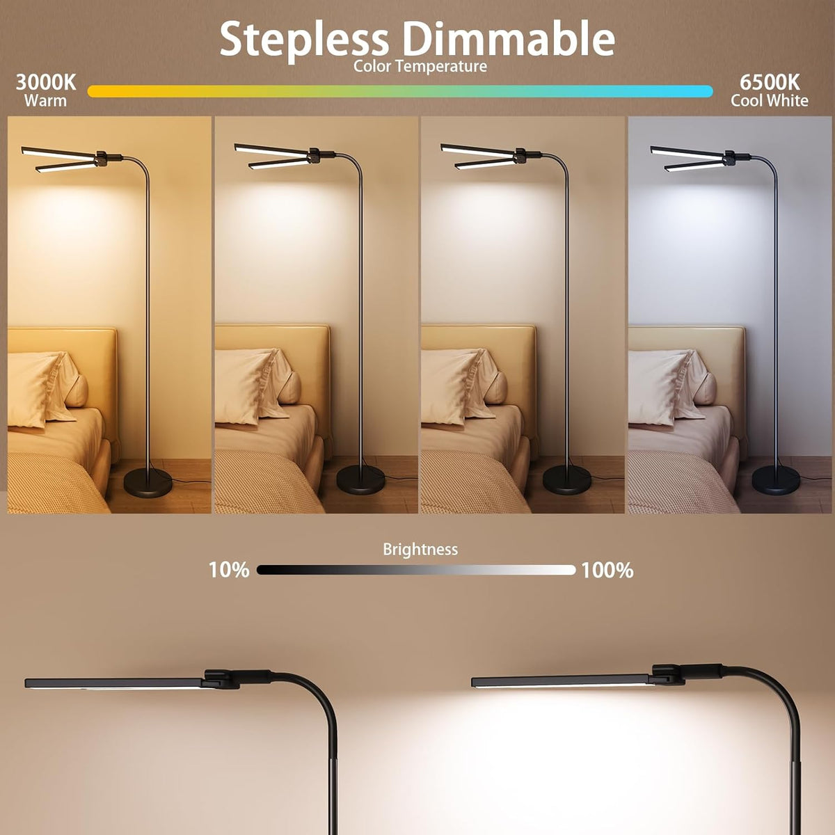 SIBRILLE 24W LED Floor Lamp, Dual Head Dimmable Modern Reading Lamp, Standing Lamp with Remote & Touch Control, Adjustable Gooseneck, Eye Caring Tall Lamp for Living Room, Bedroom, Office & Crafts