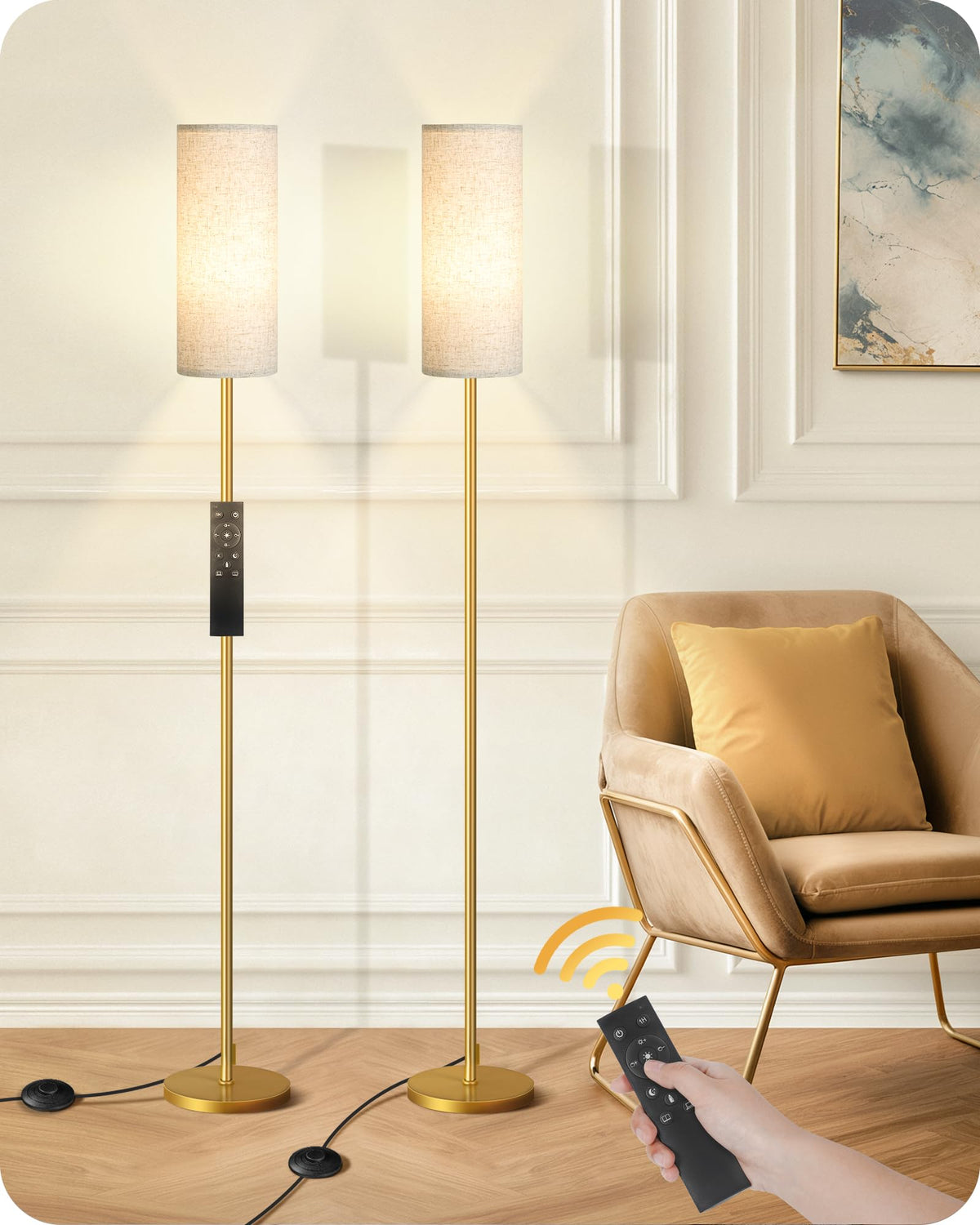 64.4” Slim Floor Lamp for Living Room with Magnetic Remote and Foot Switch, Dimmable Standing Tall Lamp Mood for Bedroom Nursery, 3 Color Temperatures, 1-Hour Timer,900LM Bulb Included,Beige E06LD05W1