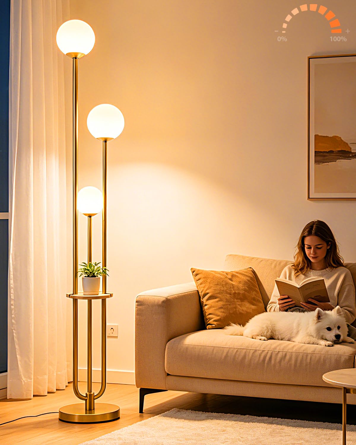 Lightdot 63IN Orange Floor Lamp with Shelf Mid Century Modern Tall Standing Lamps with 3000K Warm White Bulb Included Dimmable Globe Floor Lamp with 5Lbs Heavy Base for Living Room/Party/Corner Decor