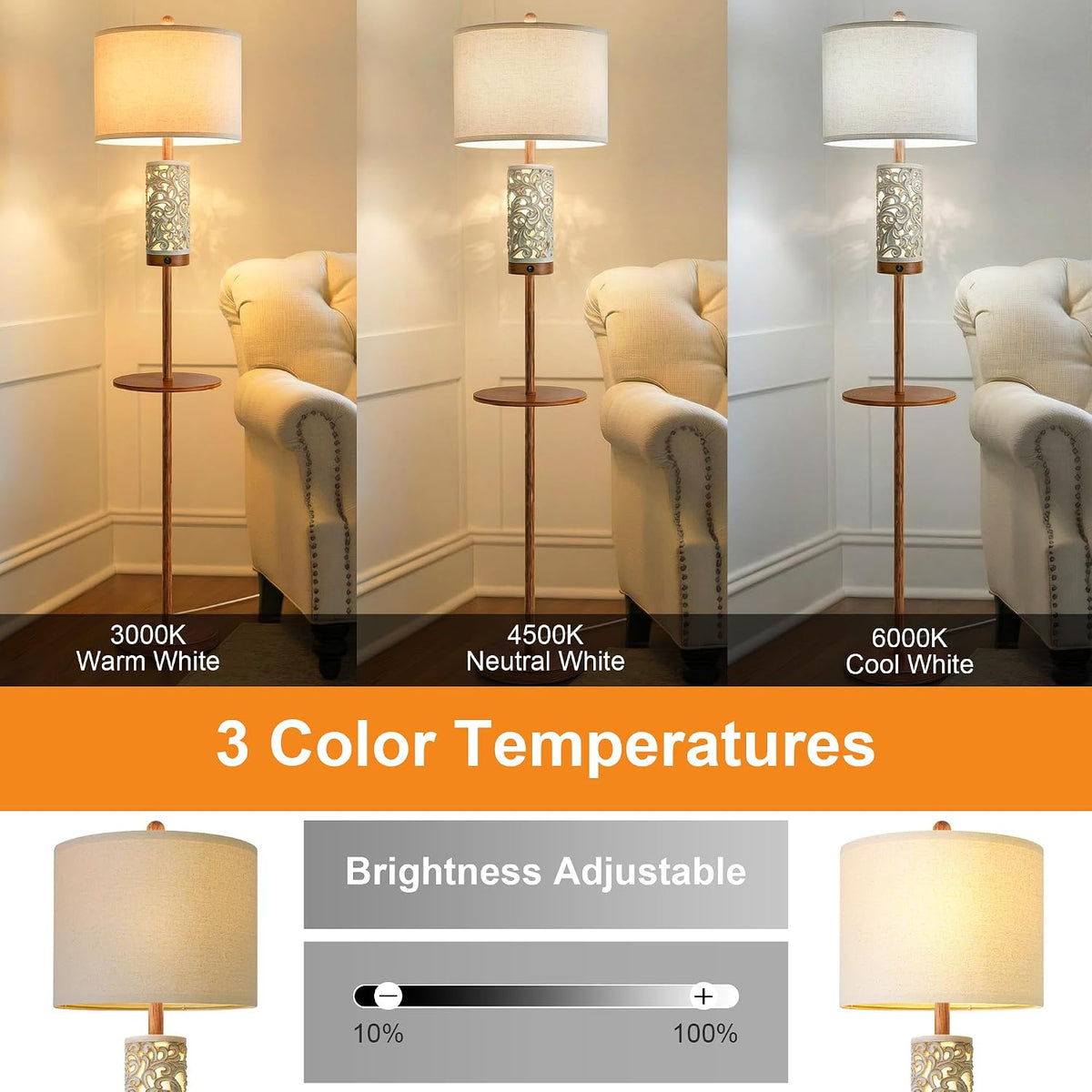 OYEARS Dimmable Farmhouse Floor Lamp for Living Room, 2-in-1 Rustic Floor Lamp with Main&Night Light,Linen Shade&Dual Switches, 65" Standing Lamp for Bedroom Office Corner Dining Room, Wood Pole Lamp