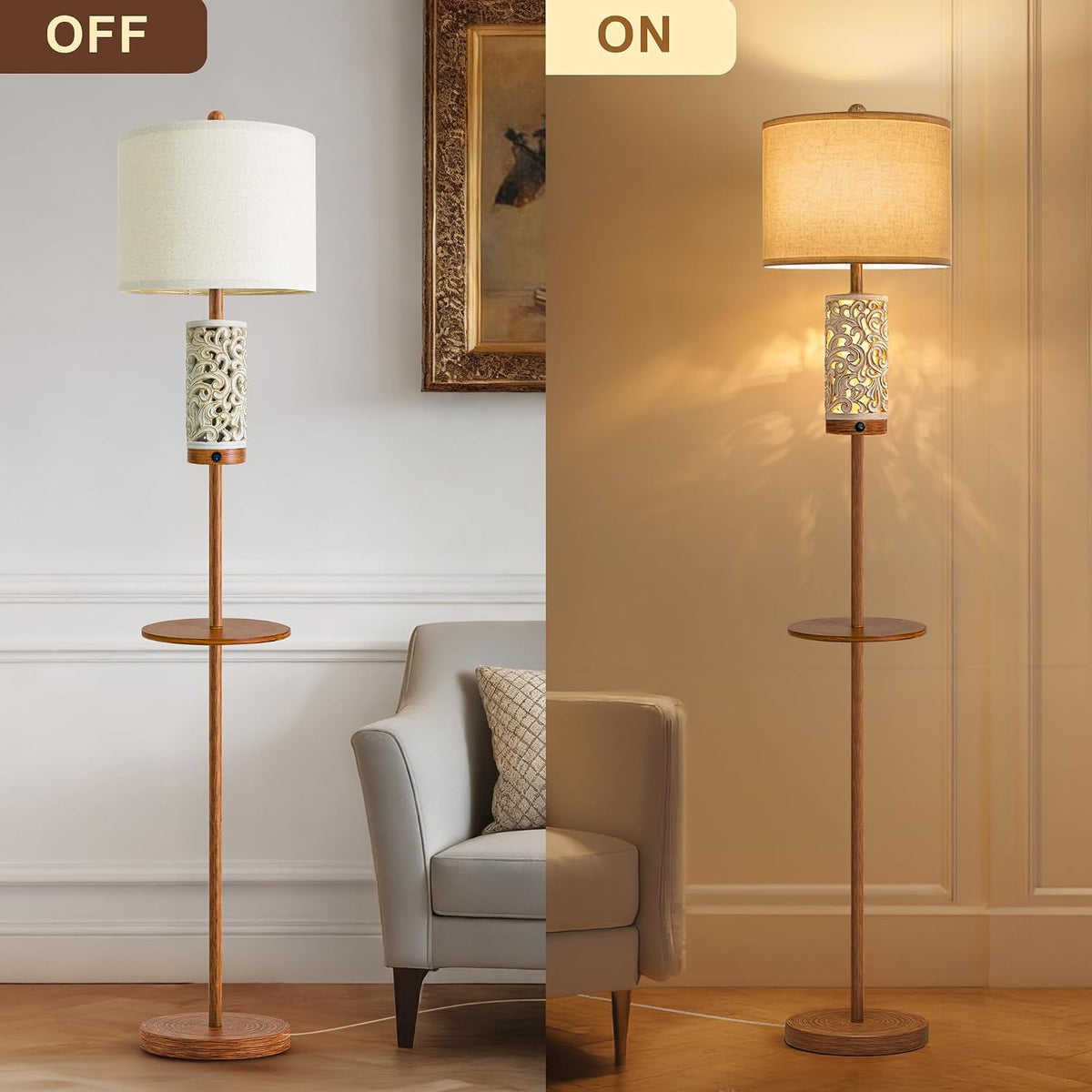 OYEARS Dimmable Farmhouse Floor Lamp for Living Room, 2-in-1 Rustic Floor Lamp with Main&Night Light,Linen Shade&Dual Switches, 65" Standing Lamp for Bedroom Office Corner Dining Room, Wood Pole Lamp
