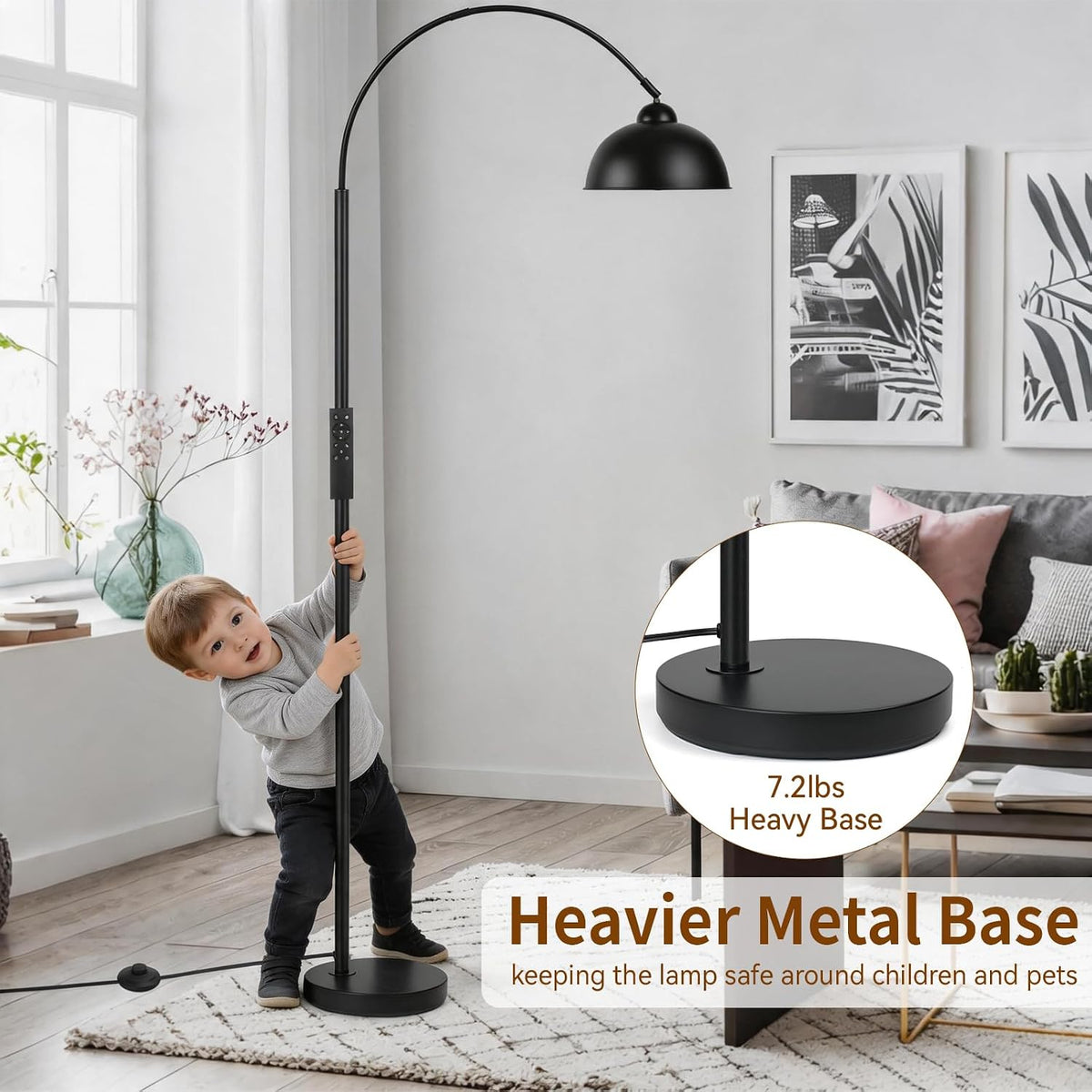 Modern Arc Floor Lamp with Remote Control 12W Stepless Dimmable Arched Standing Lamp,Adjustable Metal Hanging Shade,Tall Over the Couch Pole Light for Living Room, Bedroom, Office (Black)