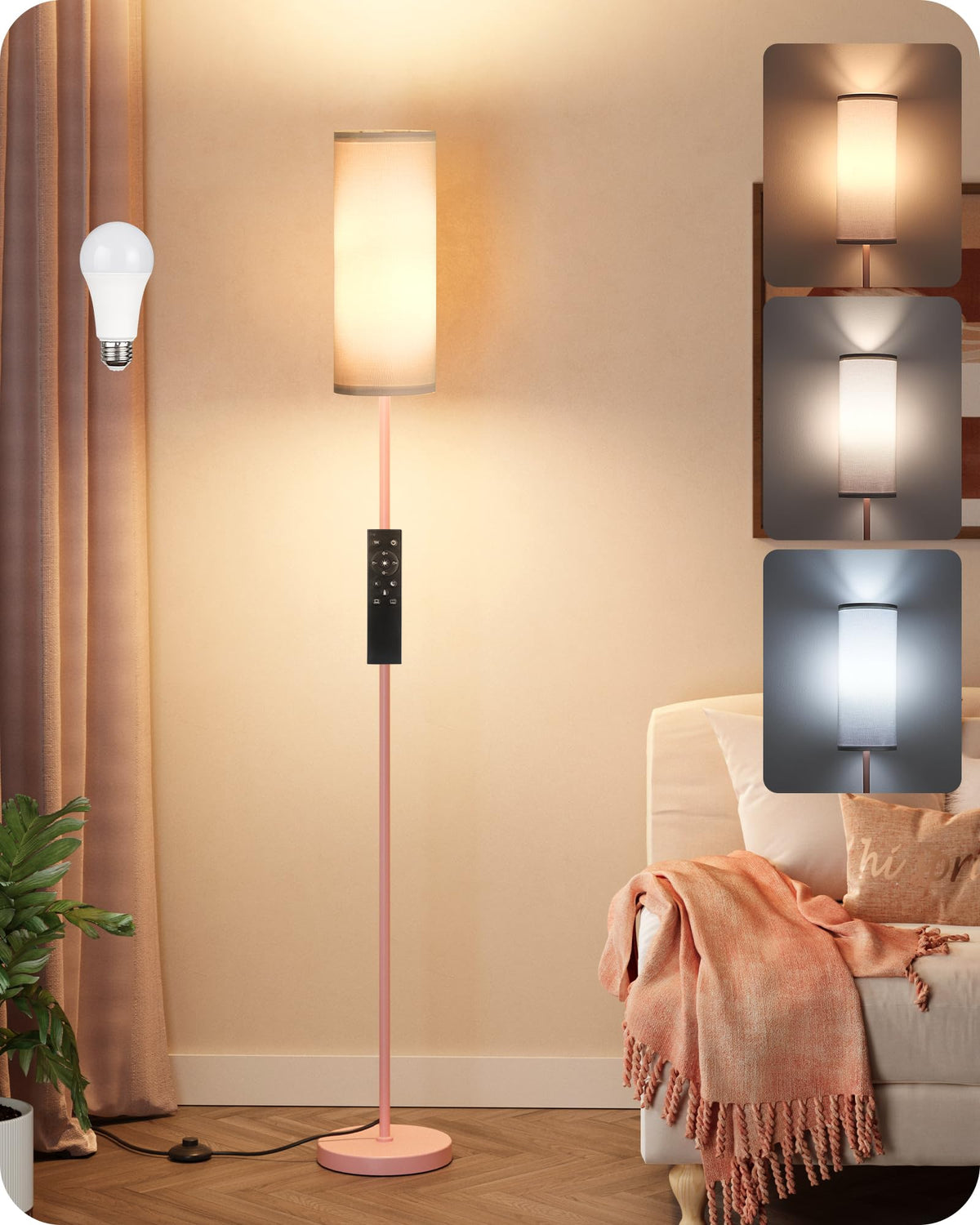 64.4” Slim Floor Lamp for Living Room with Magnetic Remote and Foot Switch, Dimmable Standing Tall Lamp Mood for Bedroom Nursery, 3 Color Temperatures, 1-Hour Timer,900LM Bulb Included,Beige E06LD05W1