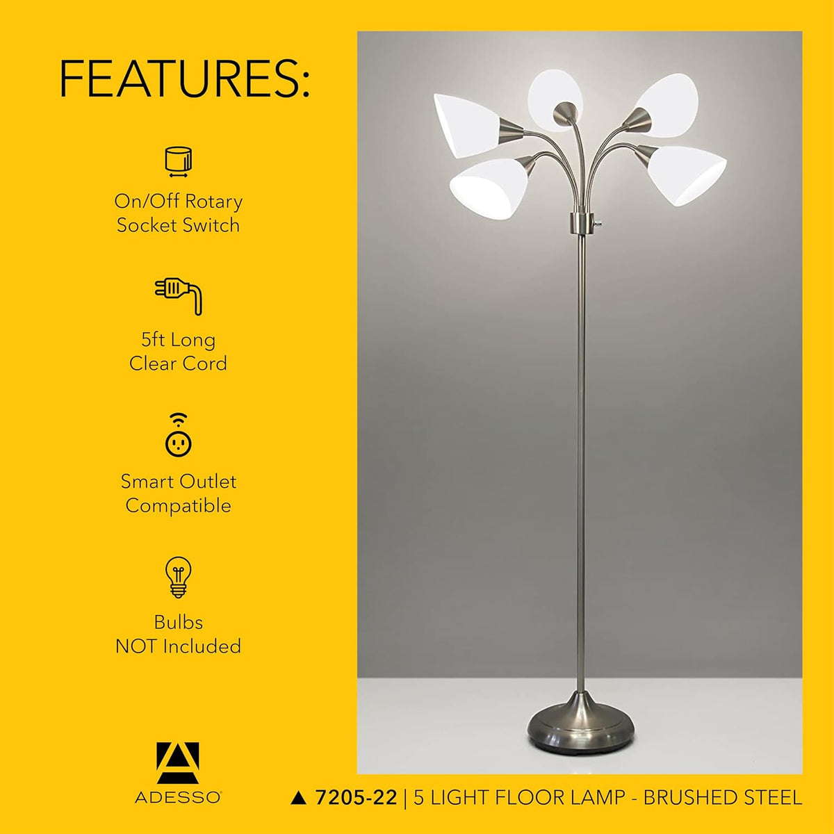 Adesso Floor Lamp with 5 Movable Shades & Adjustable Brightness, Brushed Steel Finish, Silver Perfect Lighting for Bedroom Decor, Beauty & Art Studio