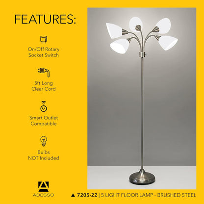 Adesso Floor Lamp with 5 Movable Shades & Adjustable Brightness, Brushed Steel Finish, Silver Perfect Lighting for Bedroom Decor, Beauty & Art Studio