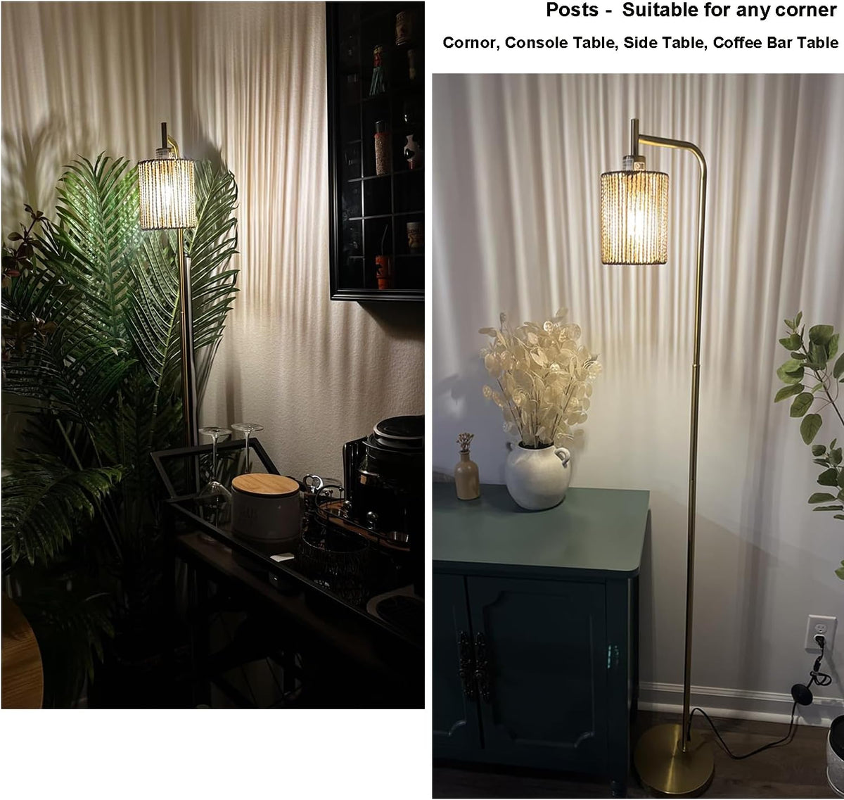 Oneach 66" Gold Floor Lamp for Living Room, Boho Floor Lamp with LED Bulb, Foot Switch, Rattan Shade, Industrial Tall Farmhouse Standing Lamp for Bedroom, Dining Room, Study Room, Office
